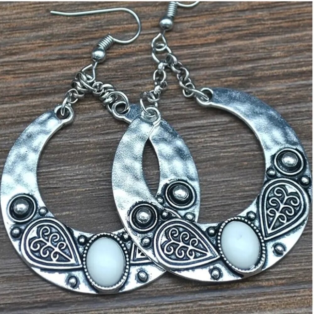 Vintage Bohemian Carved Circle Silver Electro-Plated  with White Stone Earrings